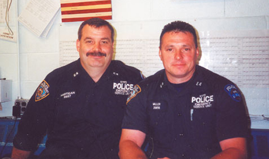 Rich Miller (right) and Richie Hartigan one year after the attacks of September 11. Miller and Hartigan raised the first flag at Ground Zero for their fallen comrades. Two days later there were hundreds of American flags flying at the place where the World Trade Center buildings stood. That proud symbol gave hope to Americans everywhere that we were strong and we would survive. 